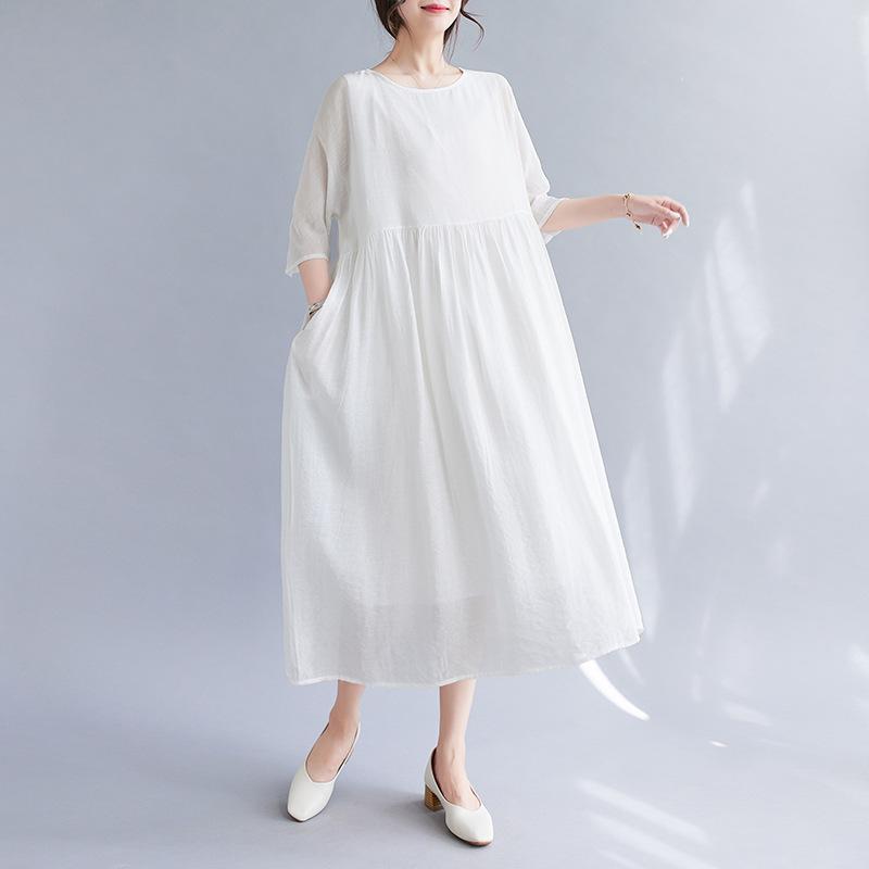 2025 summer new cotton and linen dress fine wrinkle texture double layer yellow fairy dress casual loose dress