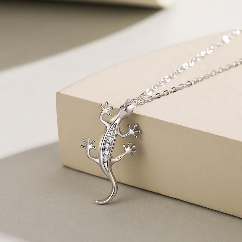 Tancise S925 Sterling Silver Fashion Personality Gecko Pendant Necklace Birthday Gift Vintage Classic Set Chain