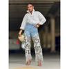 Women's Mid Waist Hollow Lace Spliced Straight Leg Denim Jeans Vintage Washed Long Pants