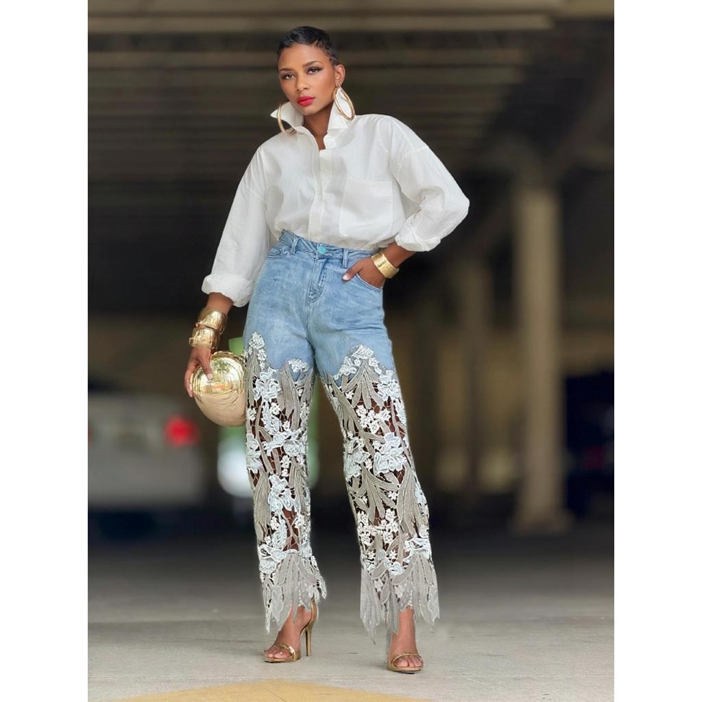 Women's Mid Waist Hollow Lace Spliced Straight Leg Denim Jeans Vintage Washed Long Pants