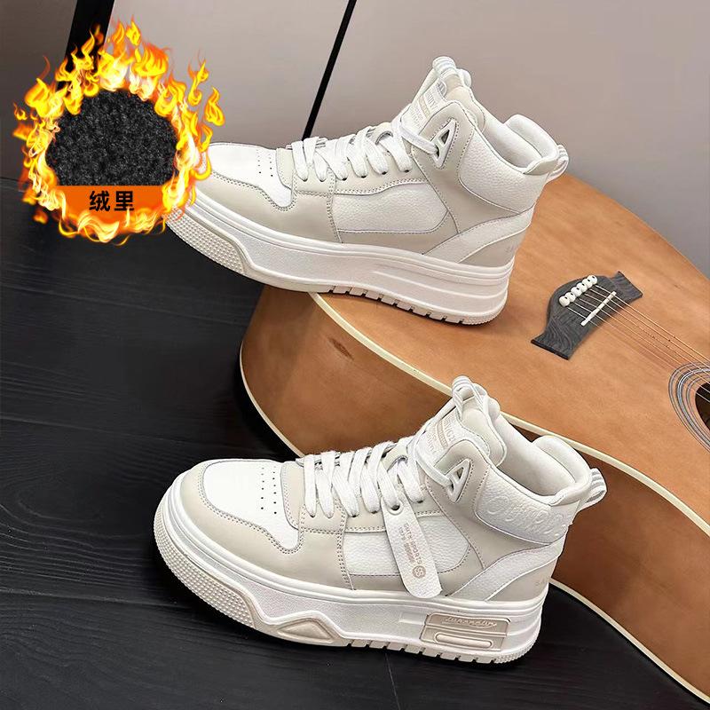 High-top women's leather platform casual board shoes autumn and winter new velvet thermal sneakers