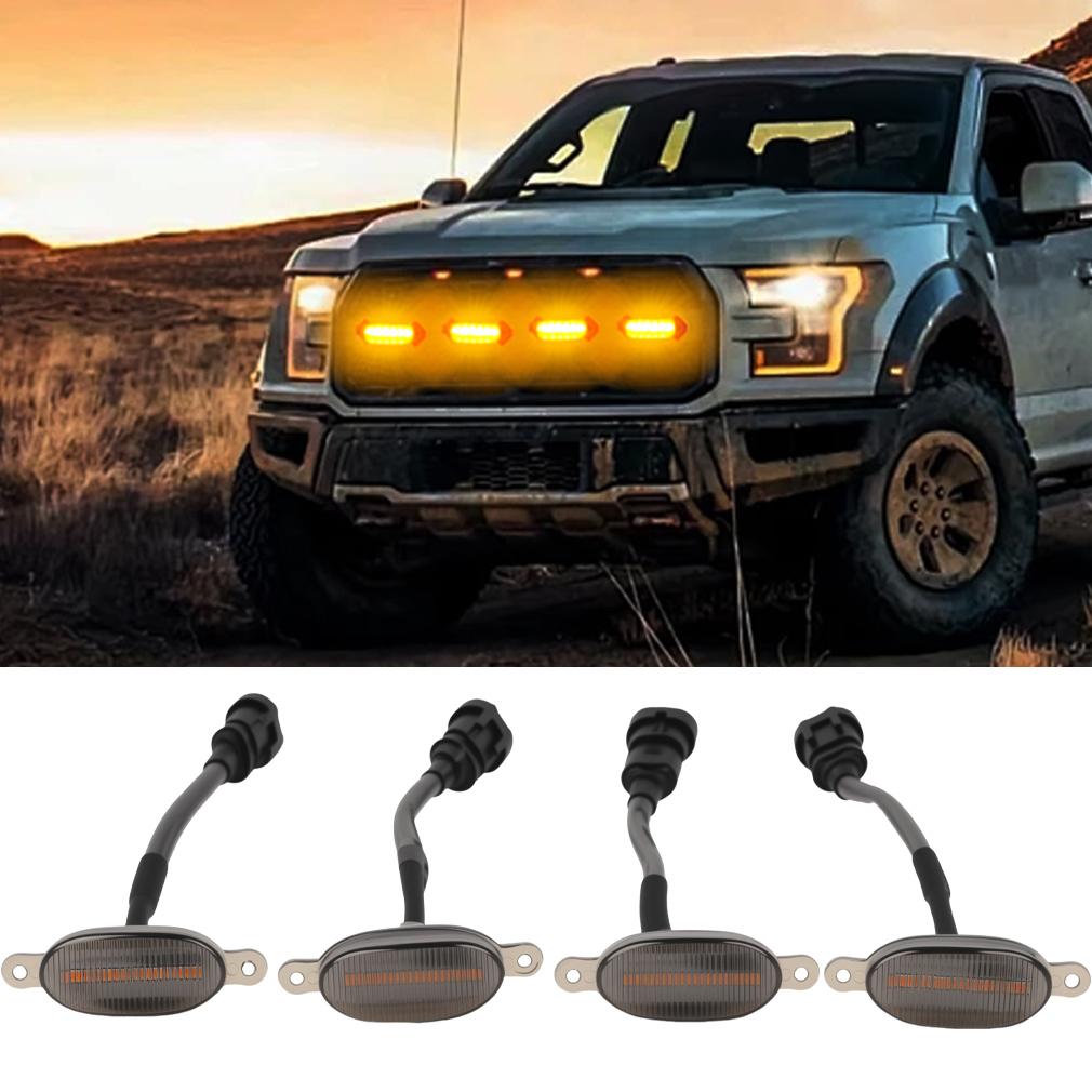 4Pcs/set Universal Car Front LED Grille Light Smoked Yellow Amber Lights Wire Harness Daytime Running Grill Light Fog Lamp for Off Road Truck SUV