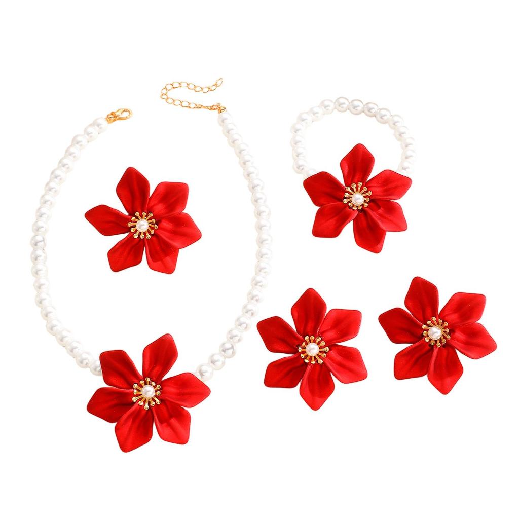 Schickes Schmuckset mit künstlichen Perlenblumen: Halskette, Armband, Ring & Ohrringe