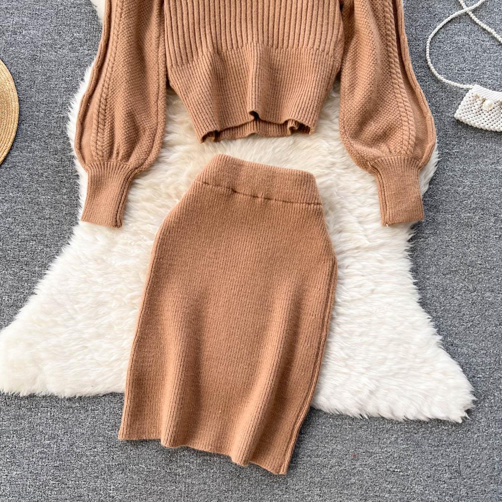 Autumn And Winter Retro Cross Sex V-Neck Bubble Sleeve Loose Sweater + High Waist Hip Knitted Half-Body Skirt Two-Piece Set