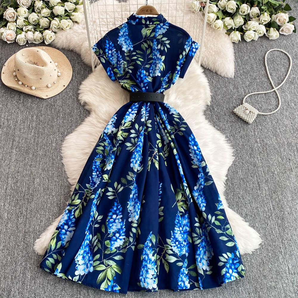 Early spring new high-end fashion lapel flower print dress pleated waist waist thin dress