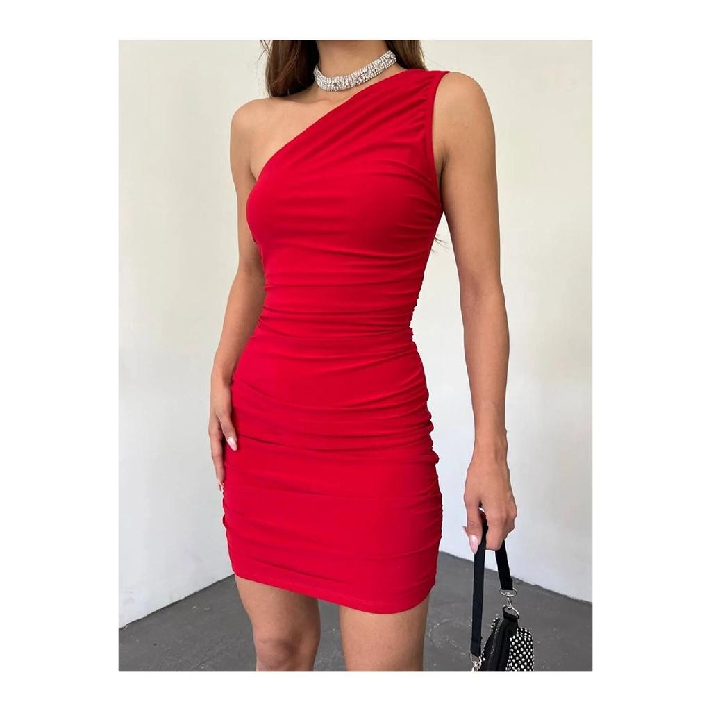 Damska sukienka mini na jedno ramię, marszczona, szczegółowa