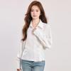 Women's Chic French White Long-Sleeve Shirt, Irregular Waist-Cinching Design, Stylish, Petite Fit, Perfect for Spring/Autumn