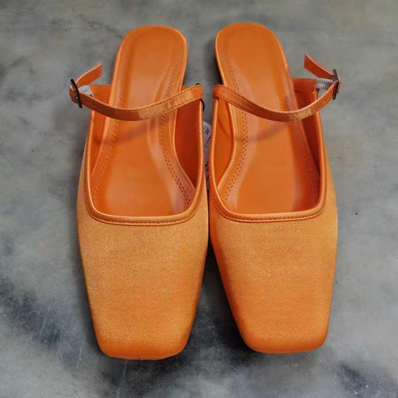 

TRAF Orange Satin Flat Slipper For Women 2024 Fashion Squared Toe Slingbacks Flats Female Elegant Ankle Strap Buckle Mules Shoes 36