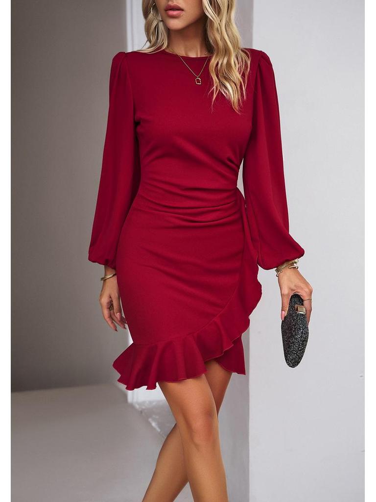 Spring/Summer 2026 Puff Sleeve Solid Color Bodycon Sheath Dress for Women