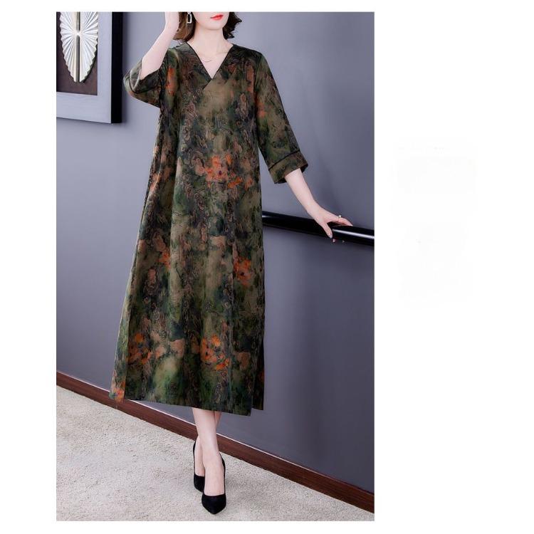 Rochie lungă cu decolteu în V din mătase de dud premium, rochie rafinată din mătase de vară pentru un aspect plin de farmec