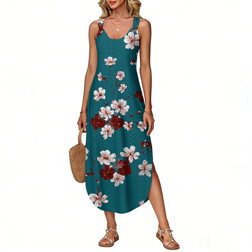 Damen Sommer Langes Kleid, Ärmellos Mit Seitenschlitzen, Langes Camisole-Kleid Mit Blumendruck