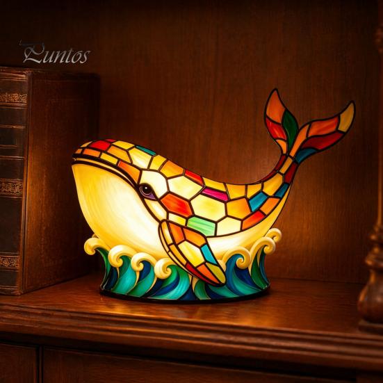 Stained Glass Night Light Whale Light, USB Multicolor Table Lamp, Flicker-free LED Decorative Desk for Home Office Bedroom