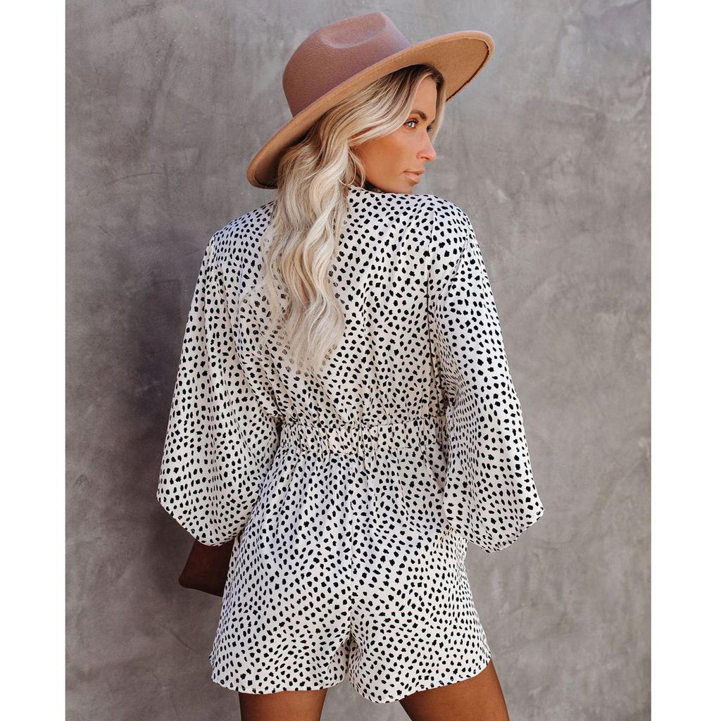 Women Holiday Leopard Print Casual Long Sleeve Depp V Neck Loose Jumpsuit