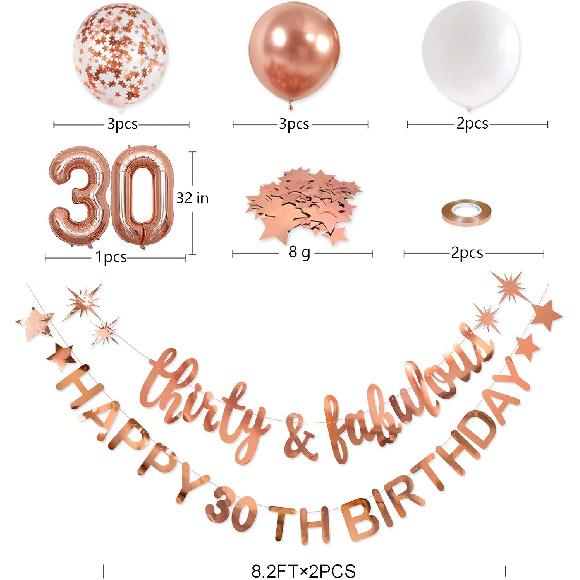 Rose Gold Thirty & Fabulous Happy 30th Birthday Banner Garland Foil Balloon 30 for Womens 30th Birthday Decorations Hanging 30 and Fabulous Cheers to