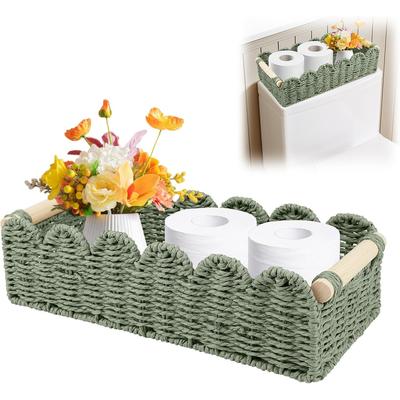 Seagrass Woven Storage Basket, Storage Baskets for Shelves, Wicker Hamper Basket with Handles, Paper Rope Scalloped Edge Decor Baskets for Bathroom
