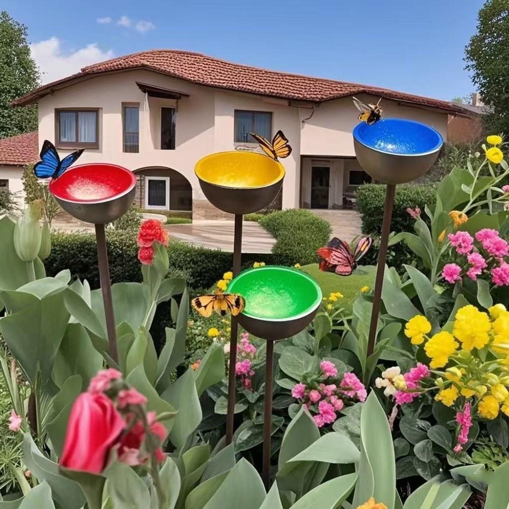 Ground Insert Butterfly Bath Bowl Rustproof Garden Rain Catcher  Yard Art Decor