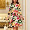 Women Long Sleeve Round Neck Midi Dress Vintage Small Daisy Floral Print Flared Casual Dress