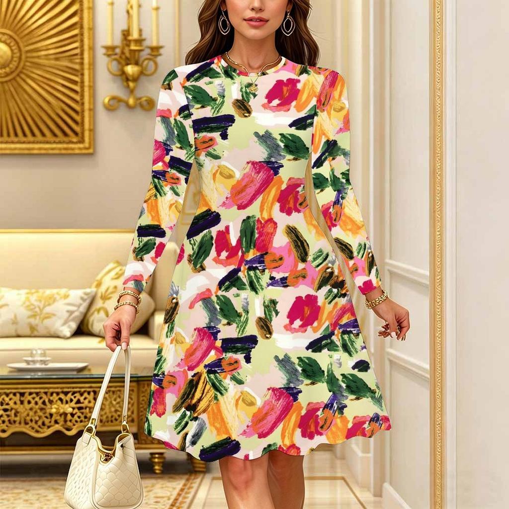Women Long Sleeve Round Neck Midi Dress Vintage Small Daisy Floral Print Flared Casual Dress