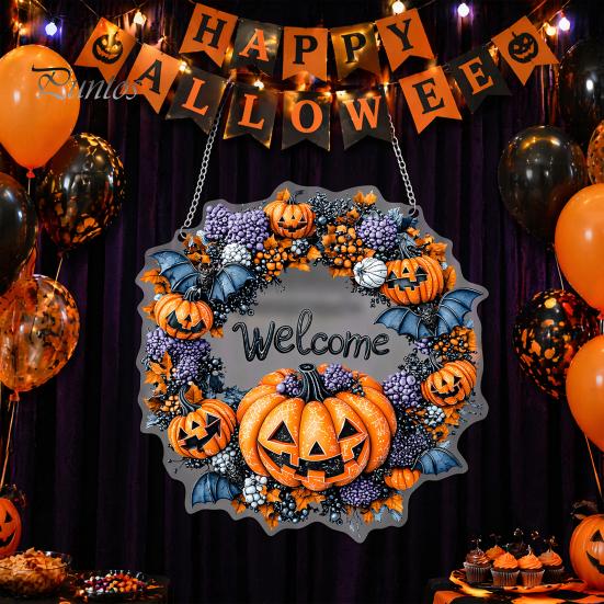 Durable Halloween Porch Decoration Pumpkin Pendant with Hanging Chain Waterproof Acrylic Welcome Front Door Sign for Window Wall Indoor Outdoor