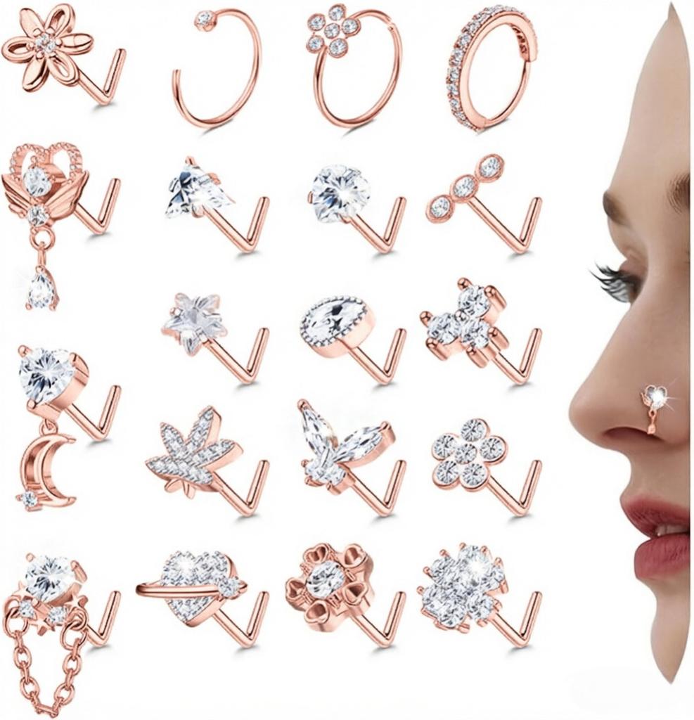 Multi-Style 316 Stainless Steel Diamond-Inlaid Flower Butterfly Heart Nose Stud Set Unisex Body Jewelry