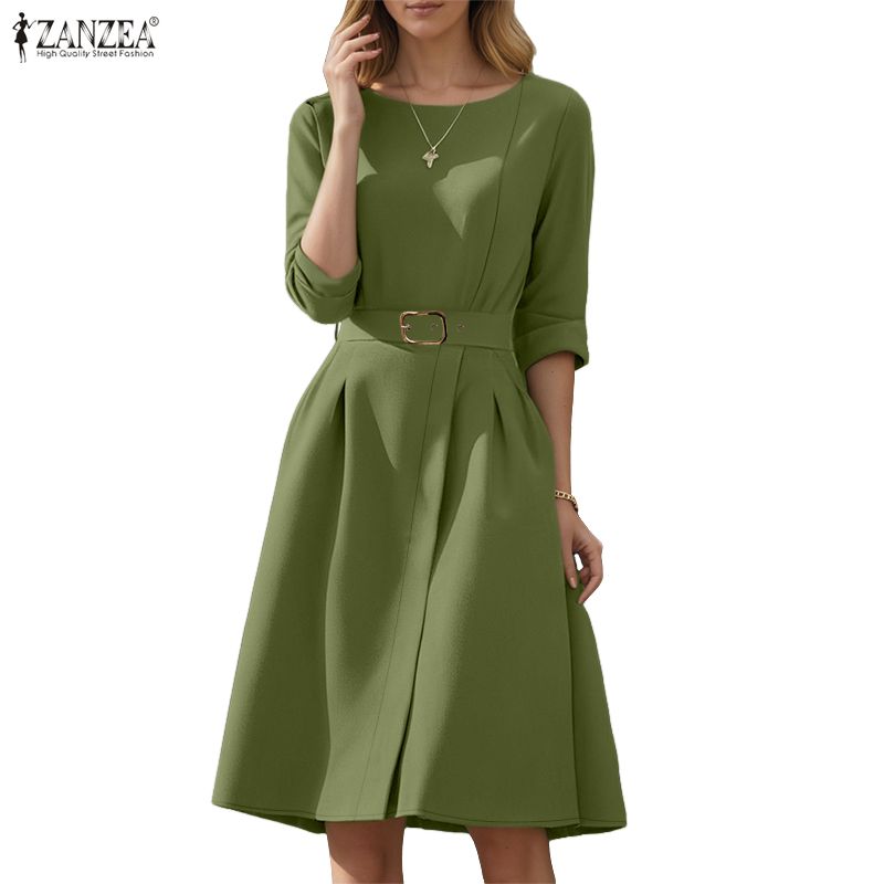 ZANZEA Women Casual Round Neck 3/4 Sleeve Loose Dress