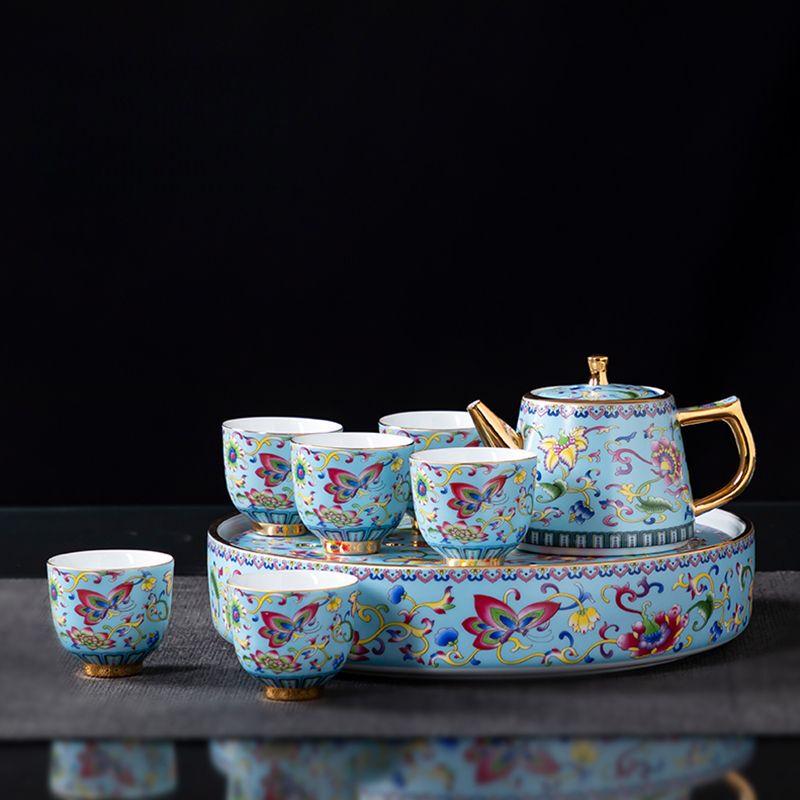 Qian Yu Enamel Ceramic Tea Set with Stone Tray