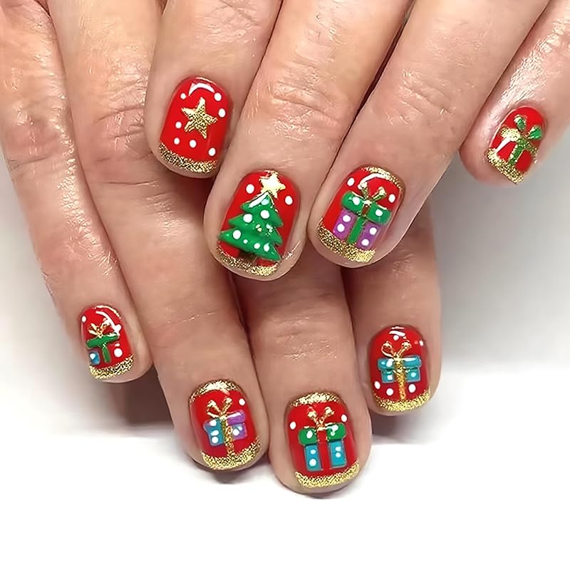 Christmas Press On Nails Medium Square Fake Nails with Gold Snowflake Christmas Tree Designs Xmas Red False Nail Acrylic Winter Snow Stick On Nail