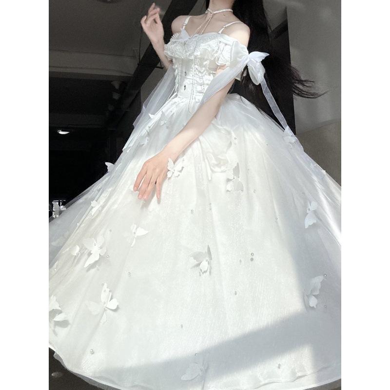 Lolita Göttin Fee Kleid Frühling Sommer Perlen Schmetterling Weiß Lange Urlaub