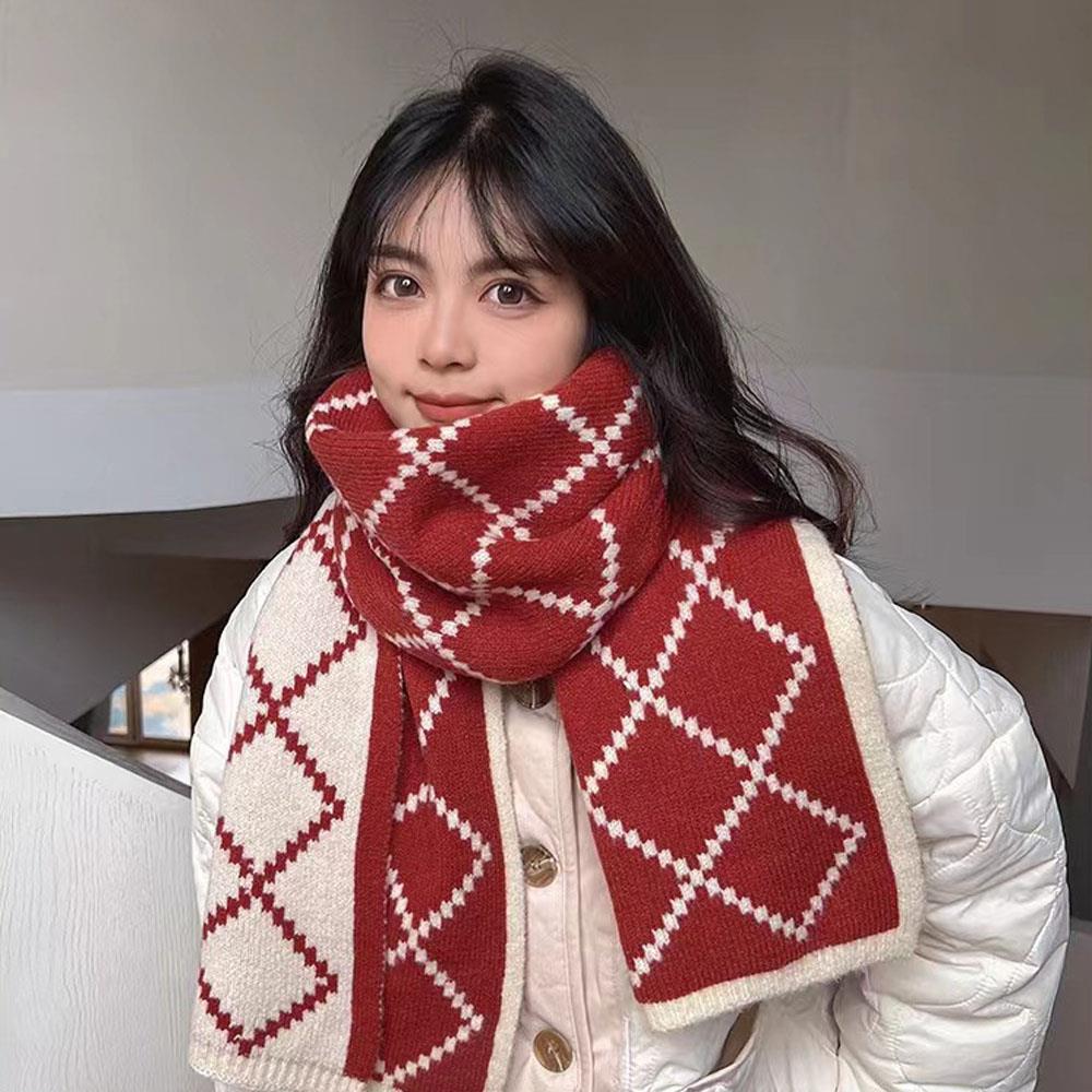 New Korean Style Plaid Knitted Scarf Winter Thicken Warm Wool Neck Warmer High Level Woolen Scarf For Students Luxury Scarf Wrap