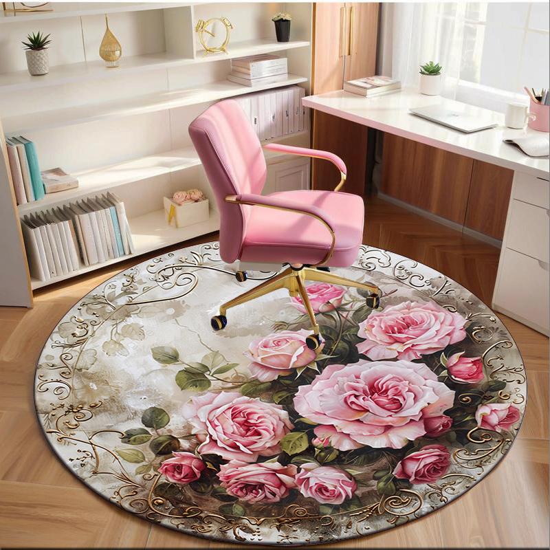 Floral Elegance In Pink Roses round carpet Chair cushion Round Entryway Rug, Soft Round Rugs for Living Room, Bedroom, Circle Carpet decor gifts