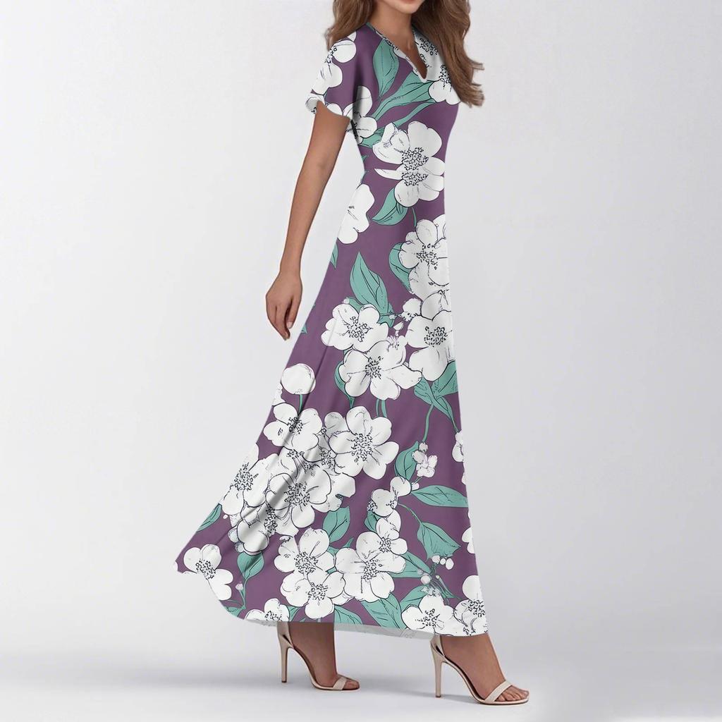 Women's Summer Casual Fashion Print Dresses V-Neck Short Sleeve Dresses