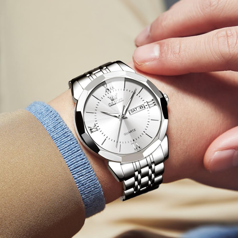 OLEVS Stainless Steel Date Water Resistant White Day Job Promotion Gift Men's Watch, Band, Display, Chronograph, 40mm, Business/Formal, (10 ATM),