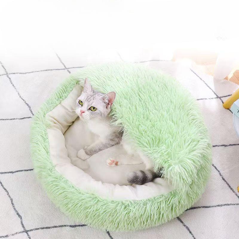 Kattenmand Herfst en Winter Warme Mand Pluche Schaal Kattenmand Pluche Rond Semi-gesloten Diepe Slaap Huisdierenmand
