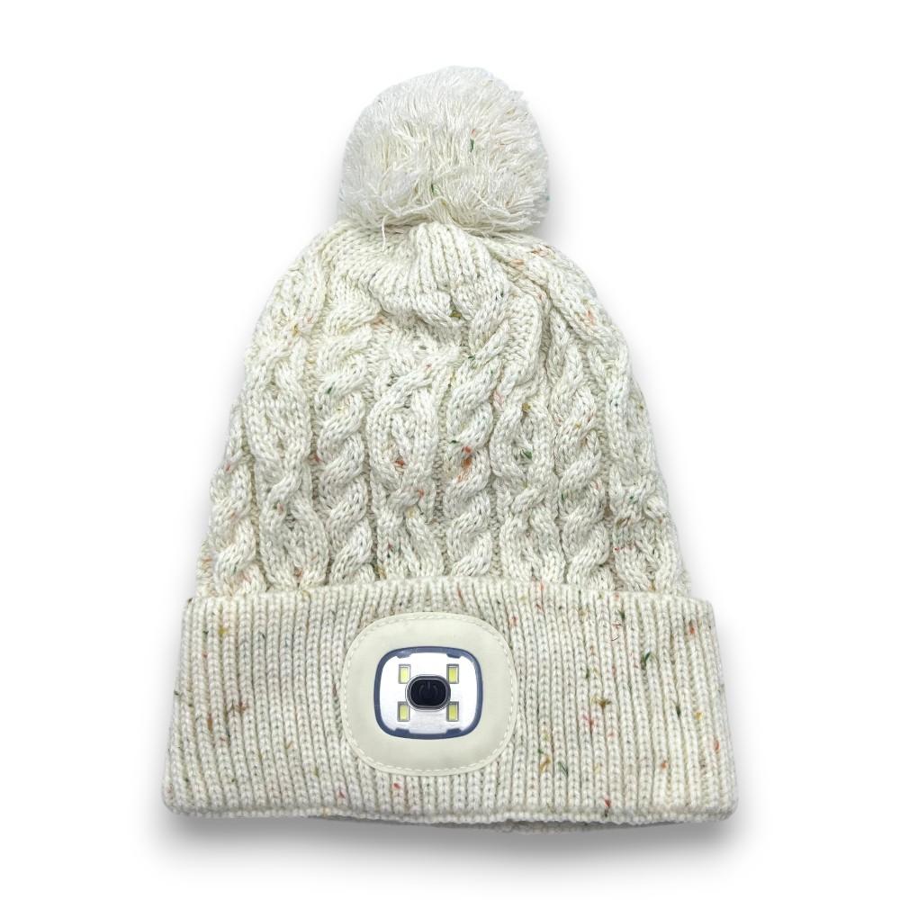 Custom Logo LED Beanie Adult Cream Speckled Acrylic Cable Knit Cuffed Pom Pom Warm for Night Jogging USB Rechargeable Beanie Hat 24*28cm бежевый