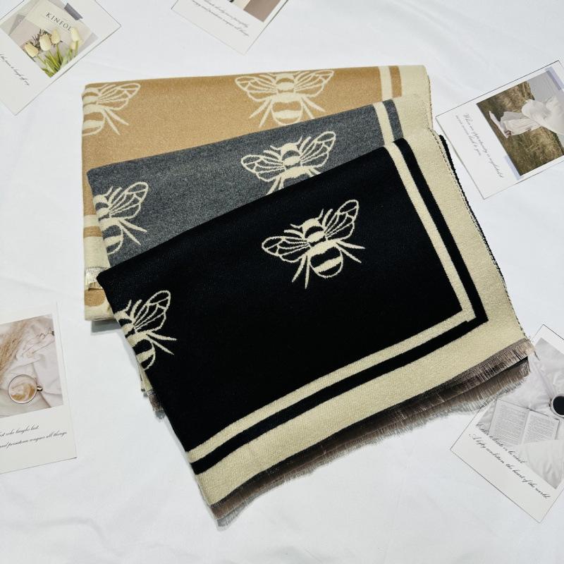 New Simple Bee Pattern Scarf for Women High End Double-sided Pattern Versatile Warm and Thickened Shawl Korean Style Shawl