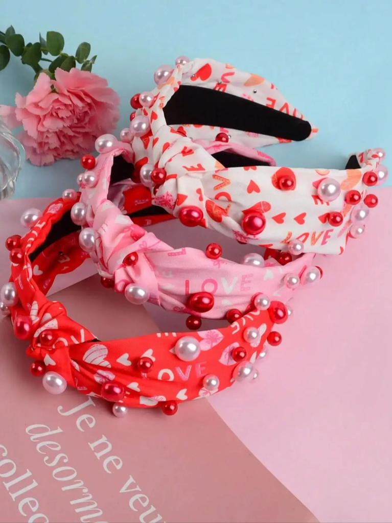 Red Pearl Fabric Headband Valentine's Day Party Gift Love Letter Heart Hair Accessories Women's Headband