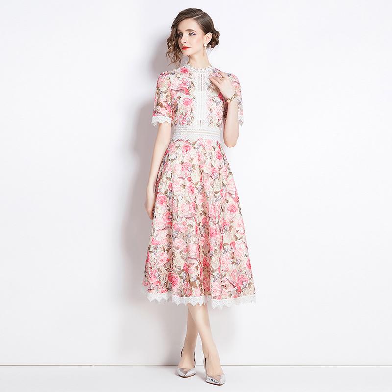 Elegant Floral Print Lace Summer Dress for Women High Quality Hollow Out Short Sleeve Slim Party Dress Robes Femme