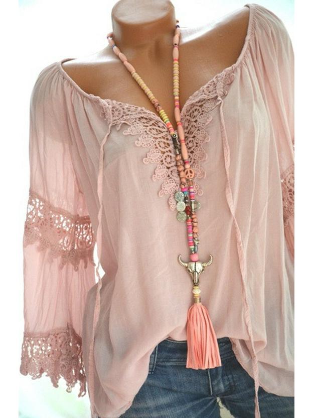 2024 Bestseller Off-the-Shoulder Cotton Linen Lace-Trim Long Sleeve Top