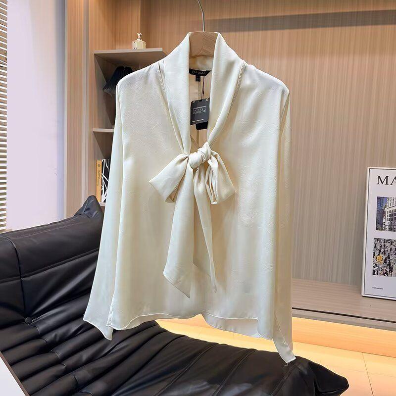 

MD Women s Clothing French Dimuer Commute Style Drape Neckline Ribbon Long Sleeve Shirt Top 05131691318 Beige L