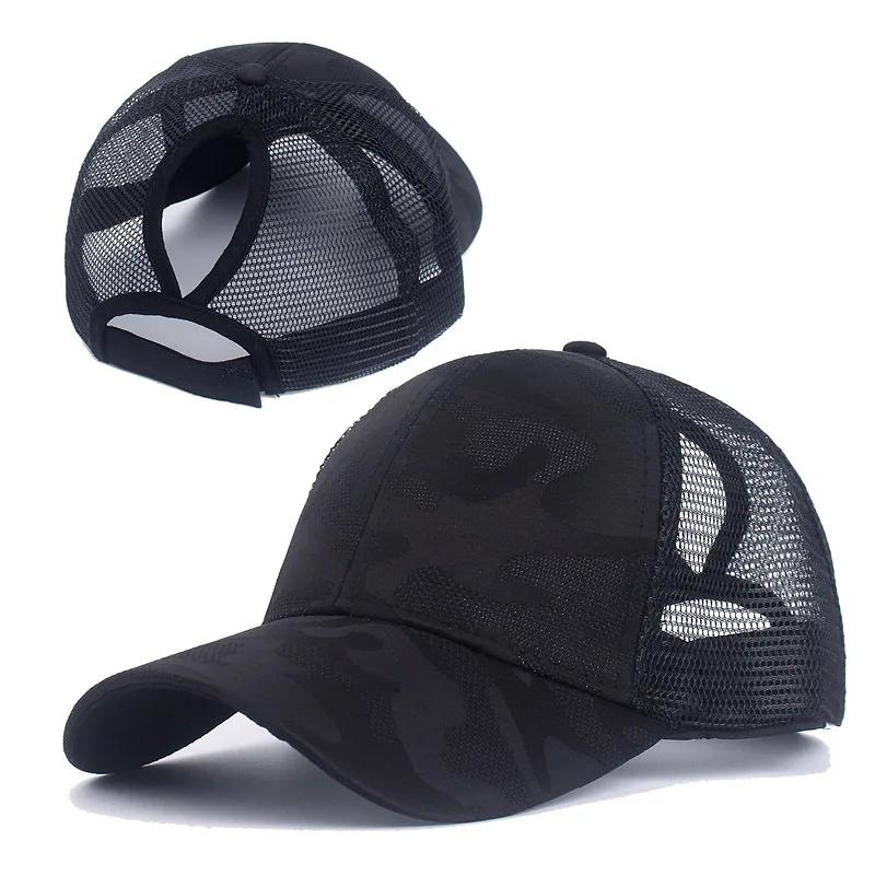 

New Summer Camouflage Mesh Trucker Hat Snapback Cap Chapeau Femme Fashion Messy Hair Bun Ponytail Baseball Caps for Women чорний