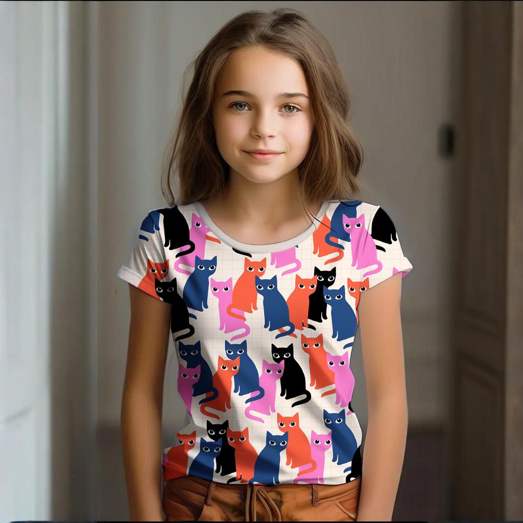 Girl Clothes Summer Cartoon Cat Graphic Children's Clothing Kids Art Doodling Short Sleeve T Shirt Causal O-Neck Children Top