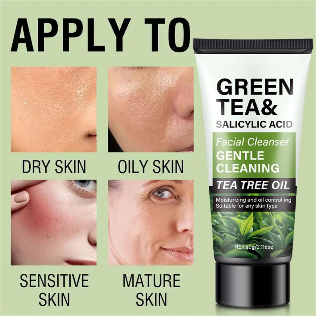 Green Tea & Salicylic  Facial Cleanser - 60g, Deep Cleanse With Hyaluronic , Gentle & Moisturizing, Ideal For -Prone, Oily, And Combination Skin