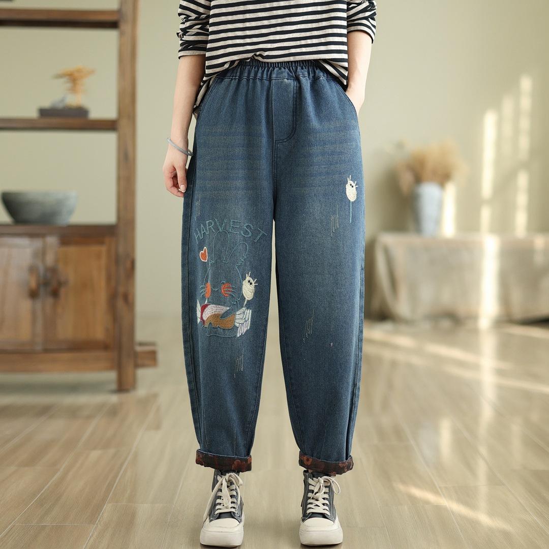 

Вышитые джинсы для женщин с высокой талией большого размера, эластичные брюки-харены для женщин XL