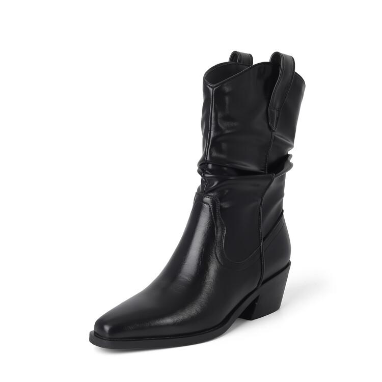 

Fashion New Autumn Winter Split Leather Women Boots Fashion Pleated Square Toe Knight Boots for Women Chunky Heel Mid-calf Boots Shoes 34