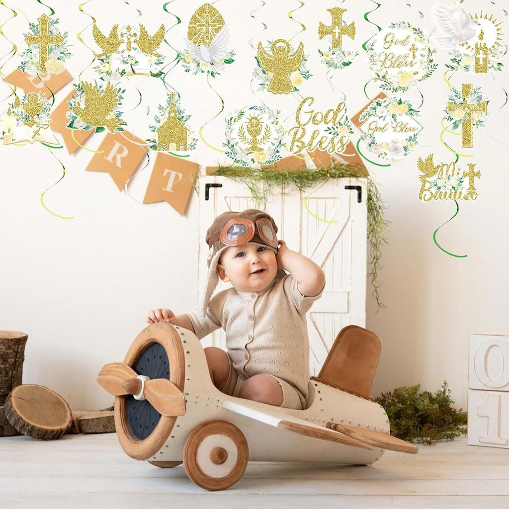 36 Pcs Gold Floral Cross Hanging Swirls Decorations Set, First Holy Communion Ceremony Religious Party Swirls Streamers Supplies Ceiling Decor for