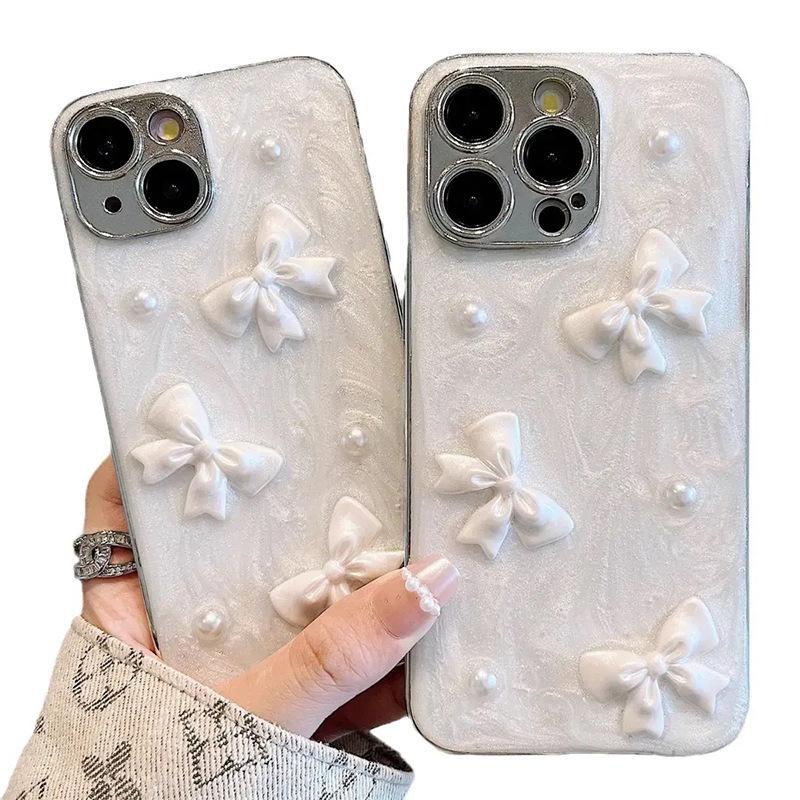 For IPhone 17 Promax Drop Glue Bow Pearl Phone Case for Apple 15 Plus Precision Hole 14 Anti Drop 16