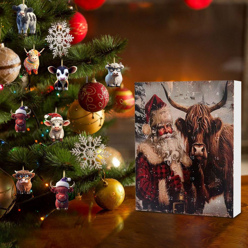 Advent Calendar 2025 Cow Ornaments Xmas Countdown Calendar Acrylic Cartoon Highland Cow Hanging Decorations Gift for Kid