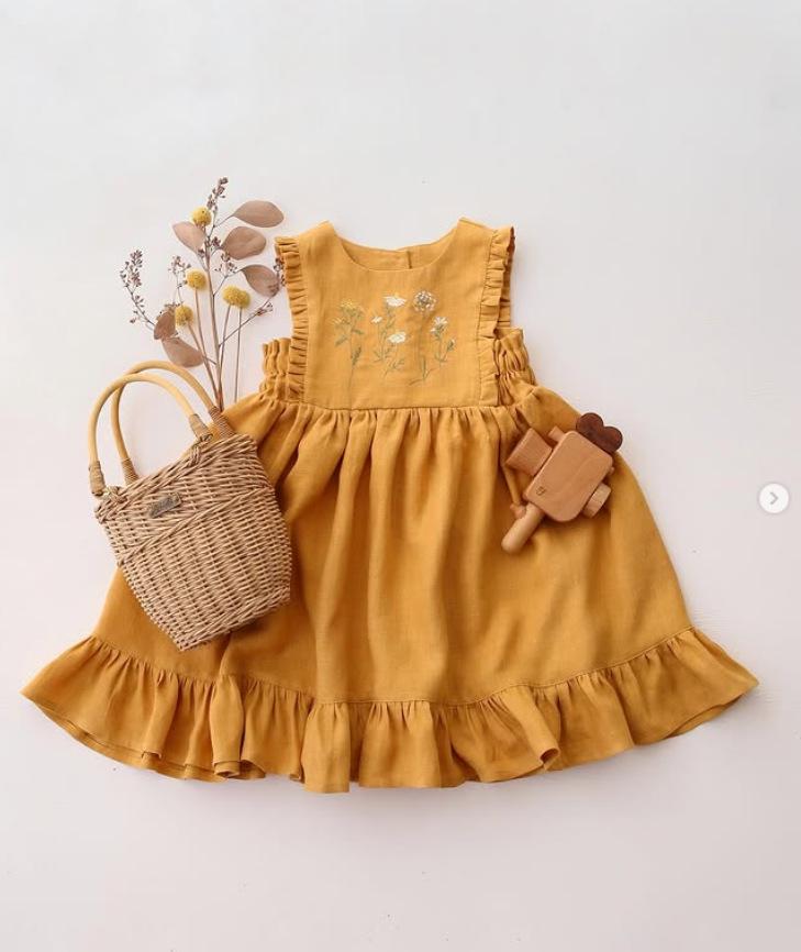 Girls' Summer Pastoral Style Ruffled Sleeve Embroidered Floral Dress