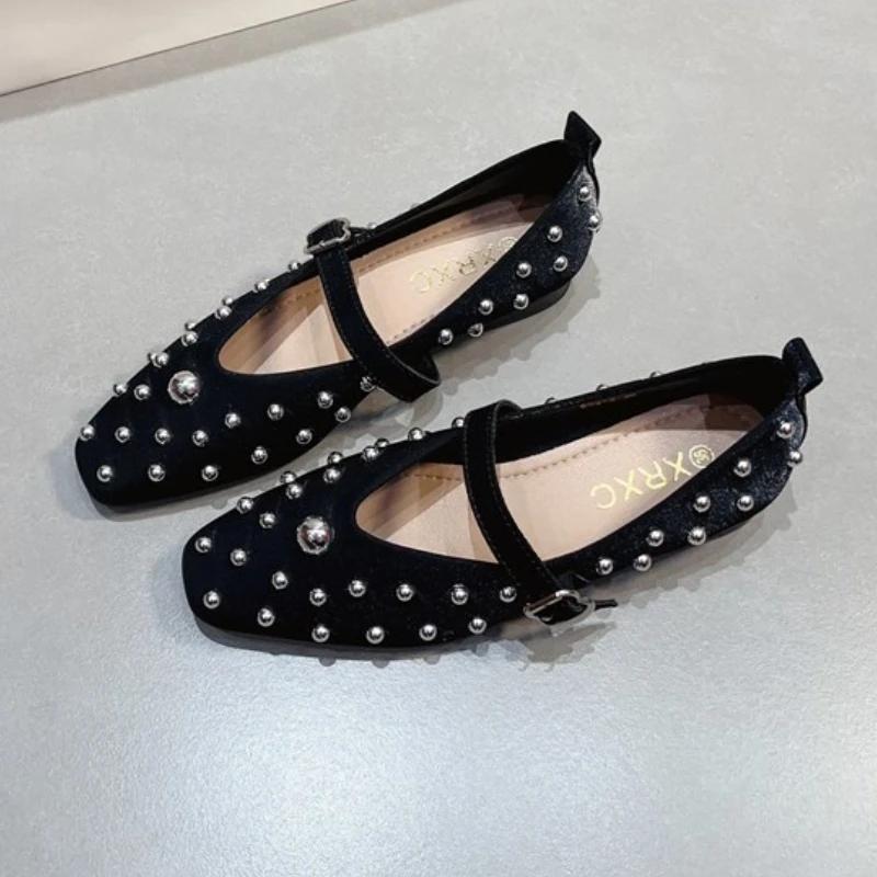 Fashion Luxury Metal Rivet Decoration Low-heeled Shoes Women Fashion Square Toe Buckle Brand Designer Shoes Elegant Comfort Office Shoes