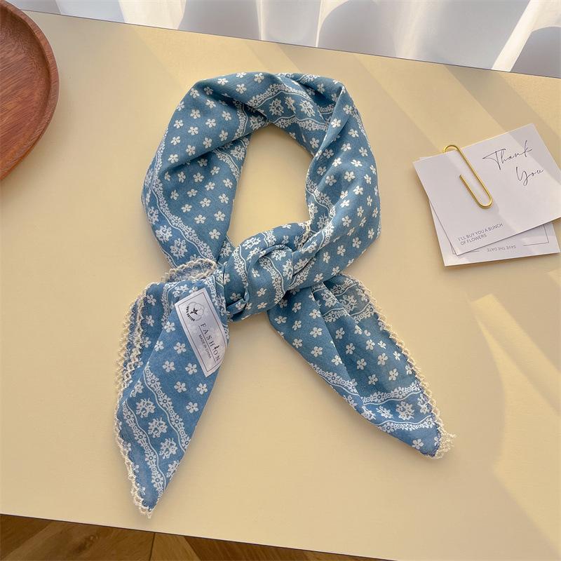 Women's Retro Floral Silk Cotton Scarf: Black Rice Square, Hair Band, Neck Warmer, Headscarf - Spring/Summer.